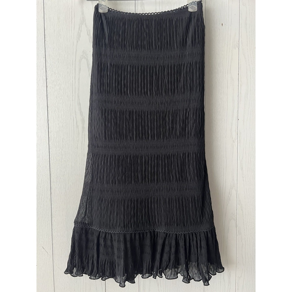 Vtg Y2K 90s Beau Bois Black Shirred Fitted Maxi Skirt Low Waist Sheer Lined Sz S